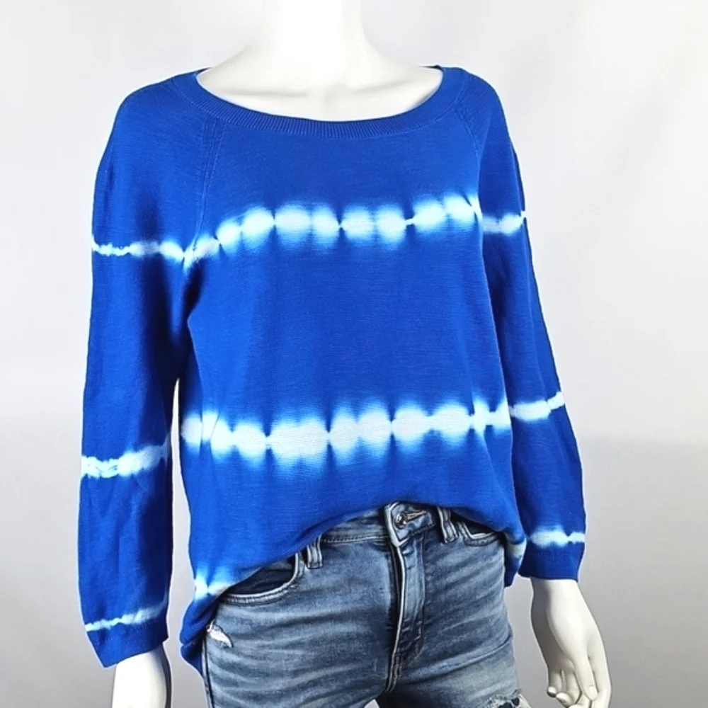 Talbots 100% Cotton Knit Blue White Tie Dye Crewneck 3/4 Sleeve Pullover Sweater